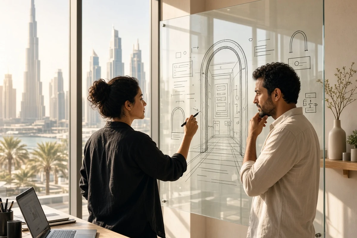 Designer and franchise founder sketching a portal layout in a sunlit Dubai studio