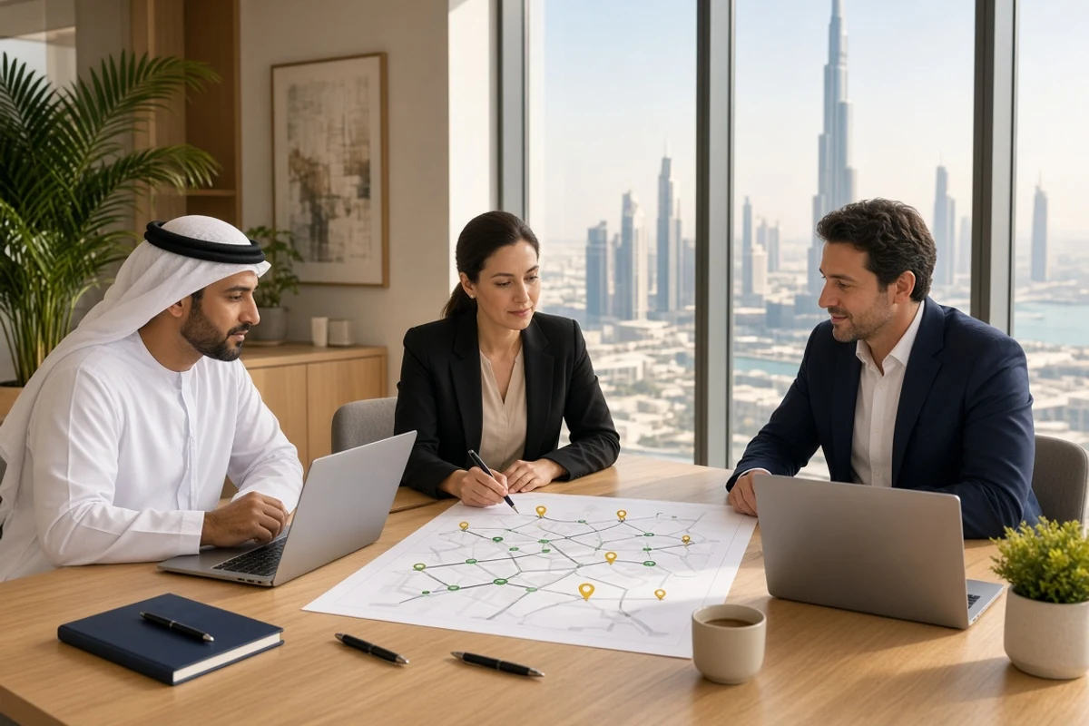 Franchise team planning a store network around a table in a sunny Dubai workshop
