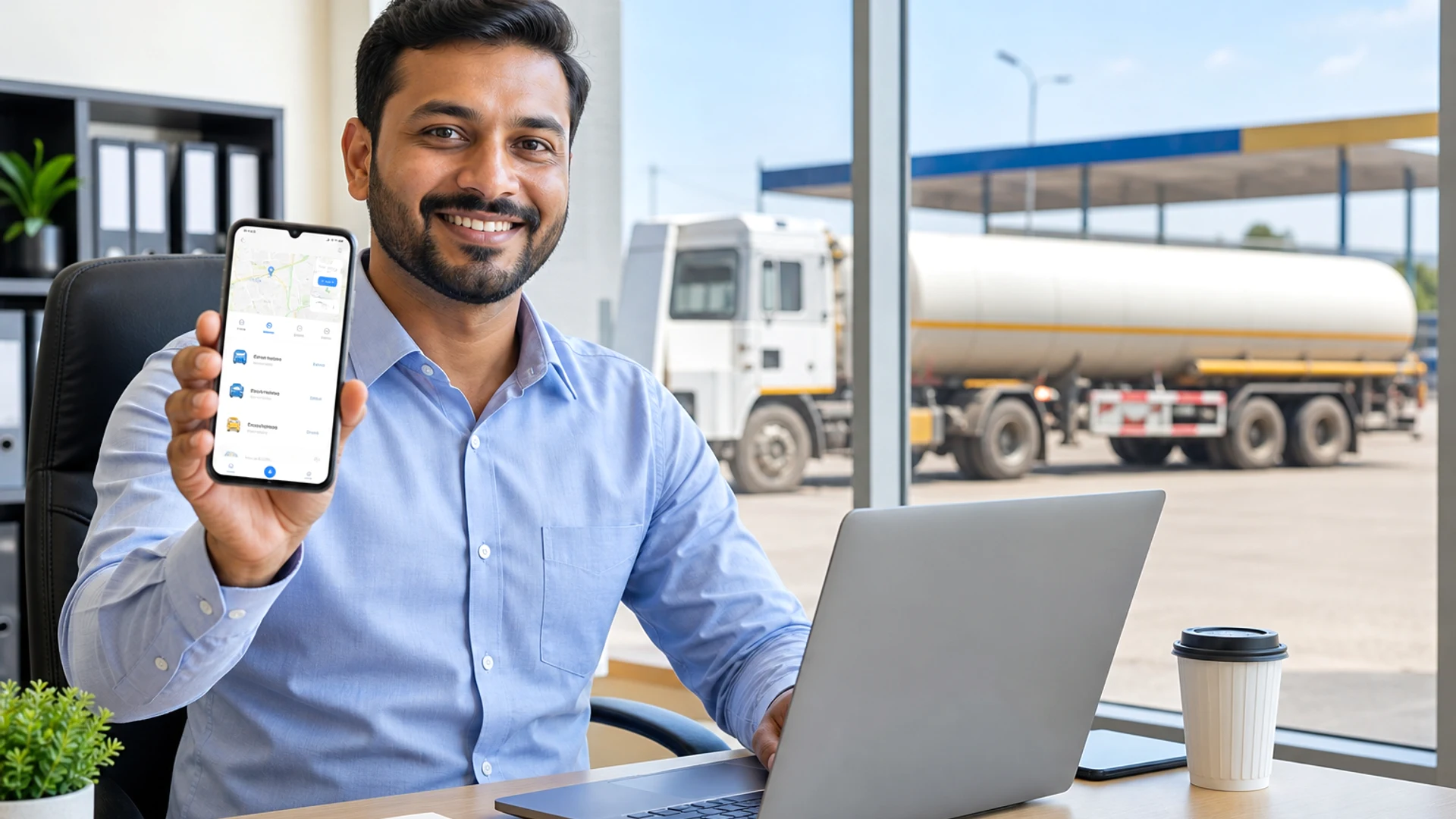 Fuel delivery app concept with mobile fueling interface and logistics operations background