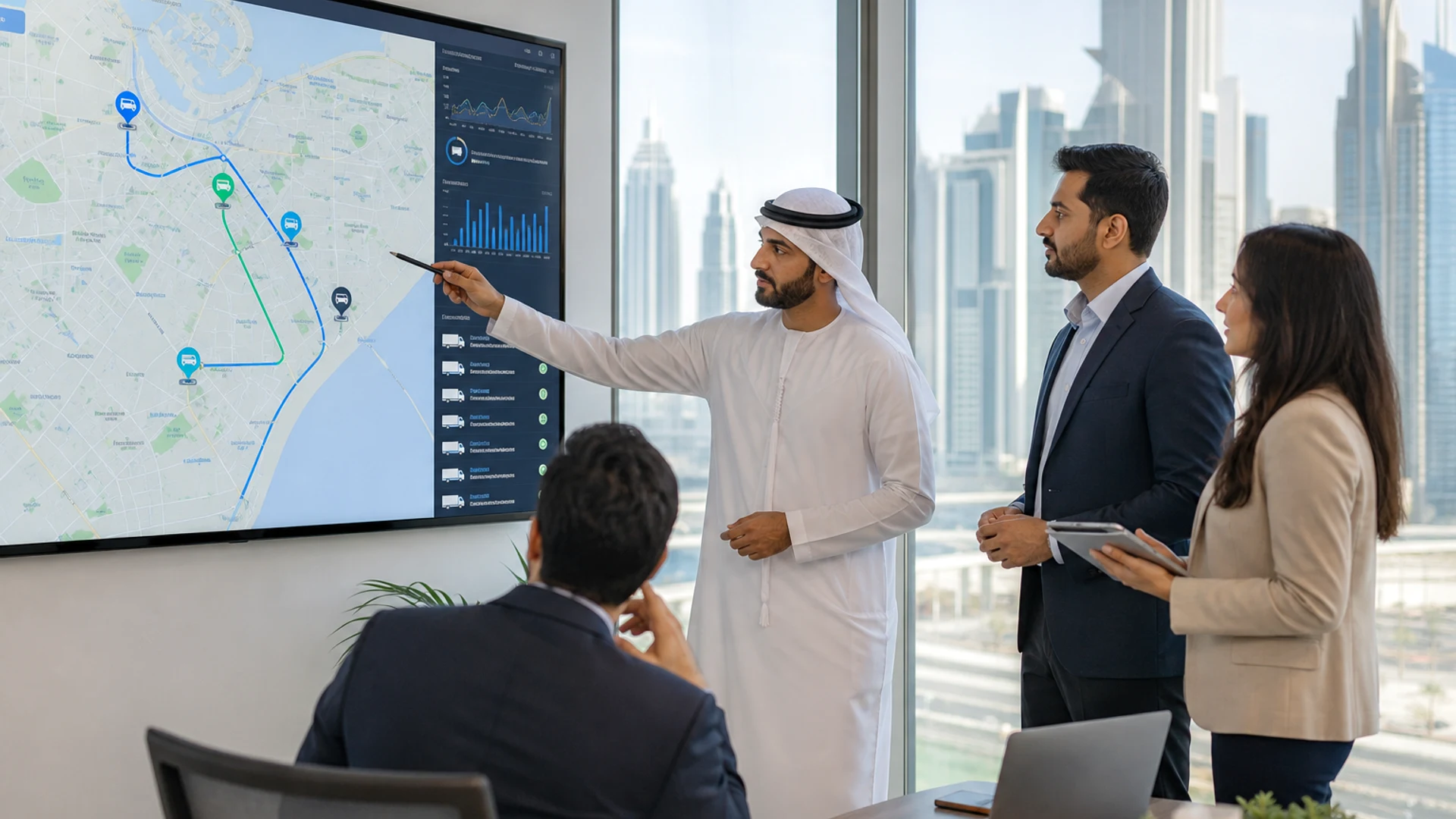 Dubai logistics technology team collaborating on a fuel delivery app with fleet management and fuel distribution operations