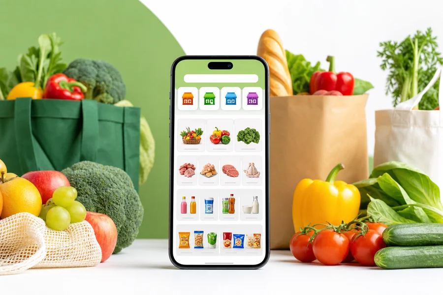 Multi store grocery delivery marketplace with product browsing and order tracking