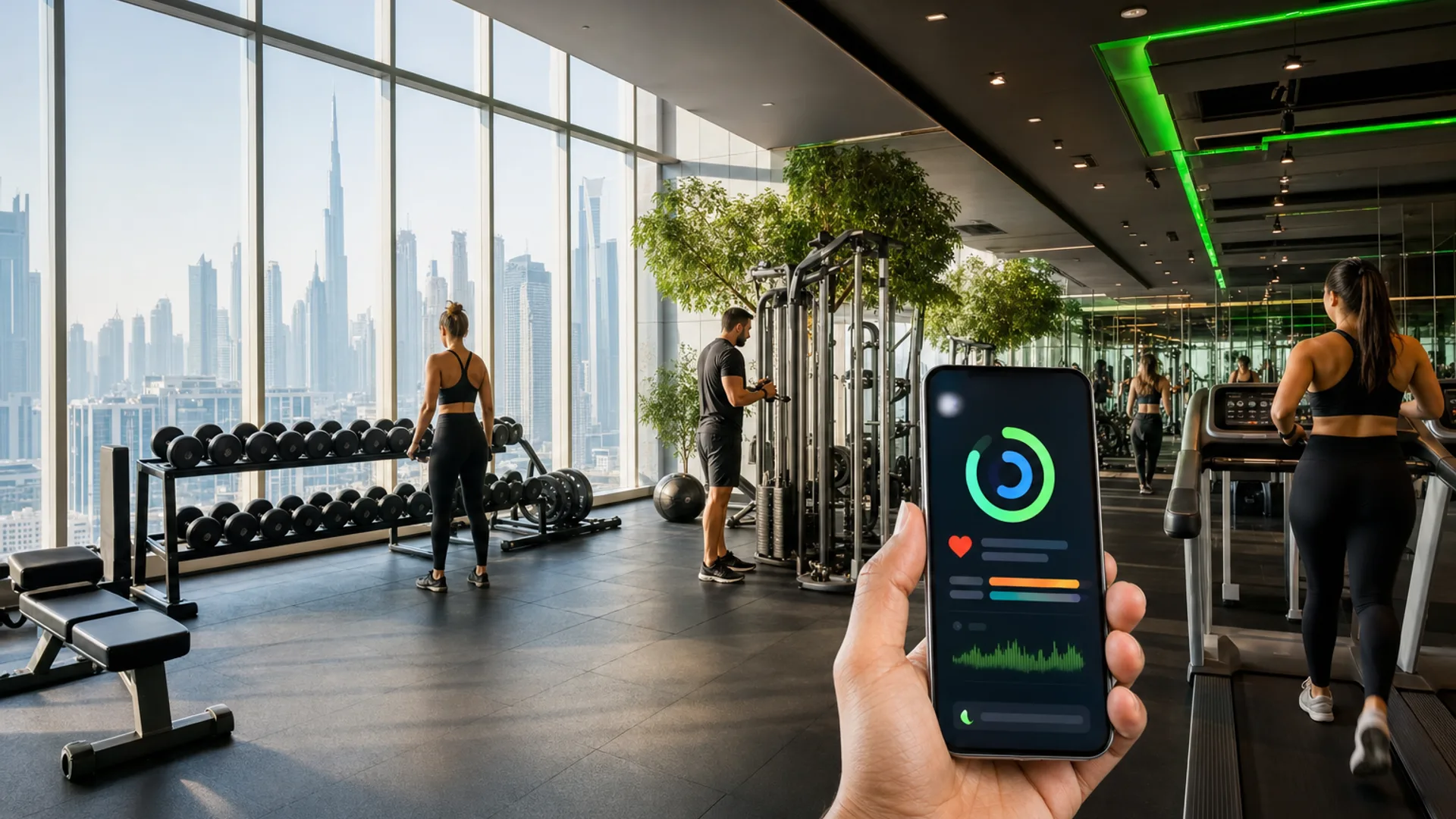 Bright modern Dubai gym floor with members training and a gym membership app on a smartphone