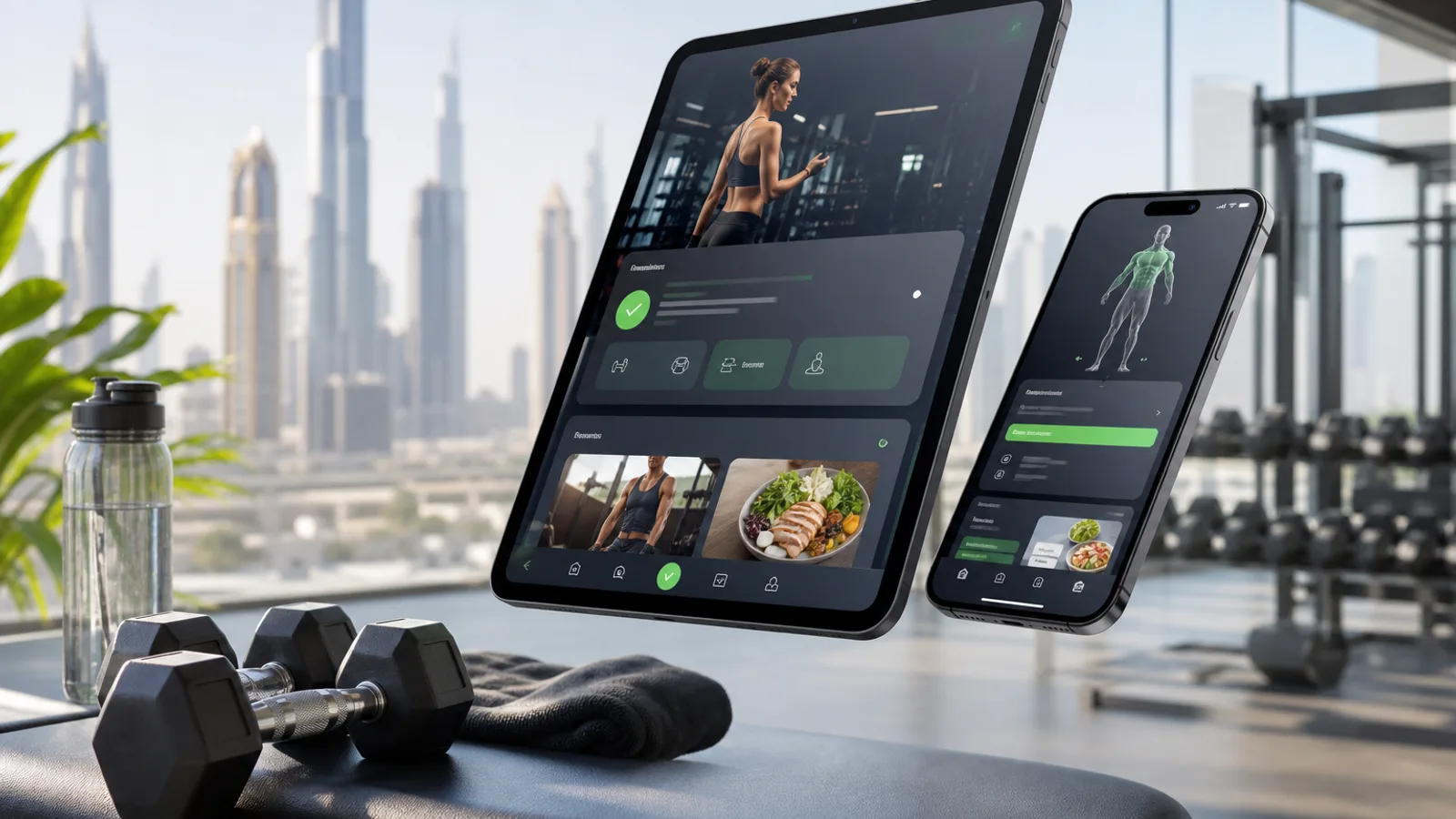 Gym app product concept with workout interface and Dubai fitness studio
