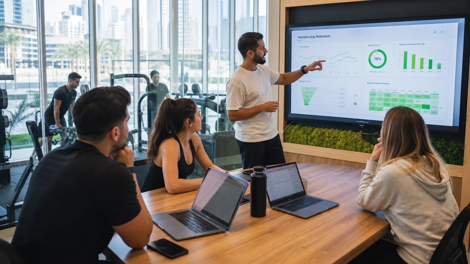 Dubai gym technology team reviewing a fitness platform dashboard