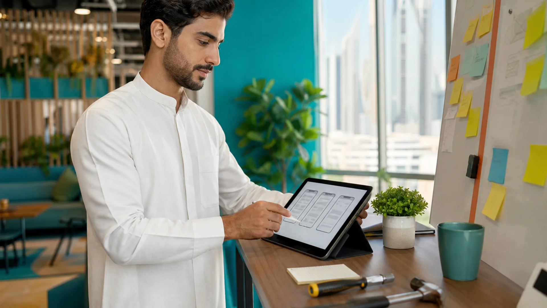 Handyman app product concept with service booking interface and Dubai skyline