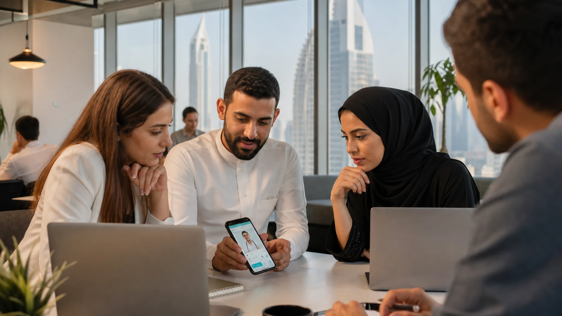 Healthcare app product concept with telemedicine interface and Dubai skyline