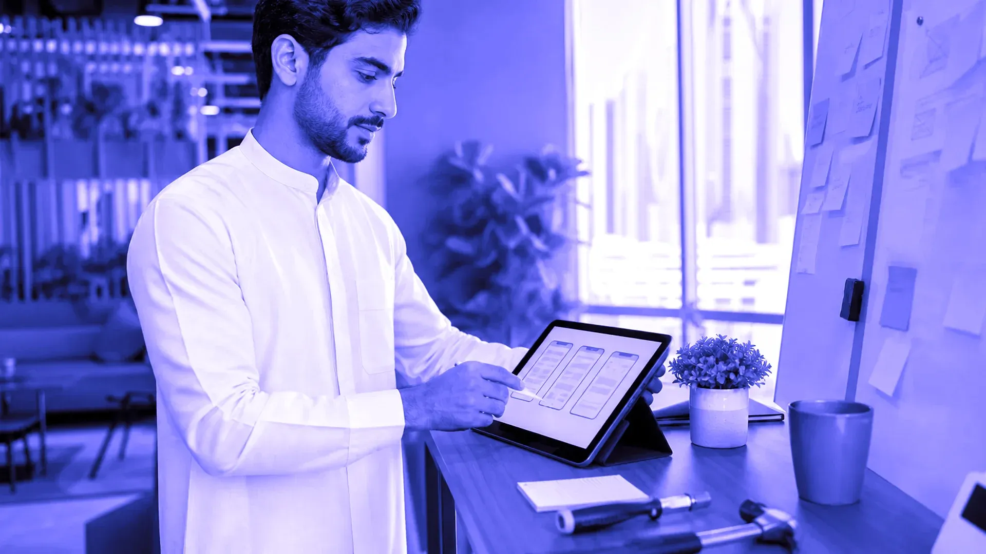 Home service app product concept with service booking interface and Dubai skyline