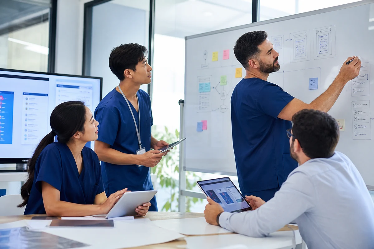 Hospital management software product idea with HIMS dashboard and Dubai healthcare skyline