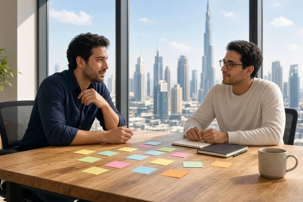 Founder and designer planning an HR platform in a sunny Dubai studio