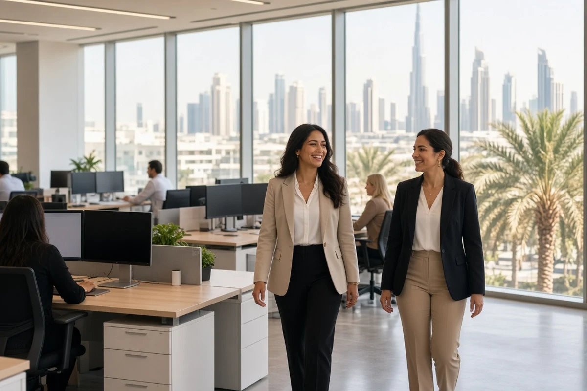 HR colleagues walking through a bright open office in Dubai