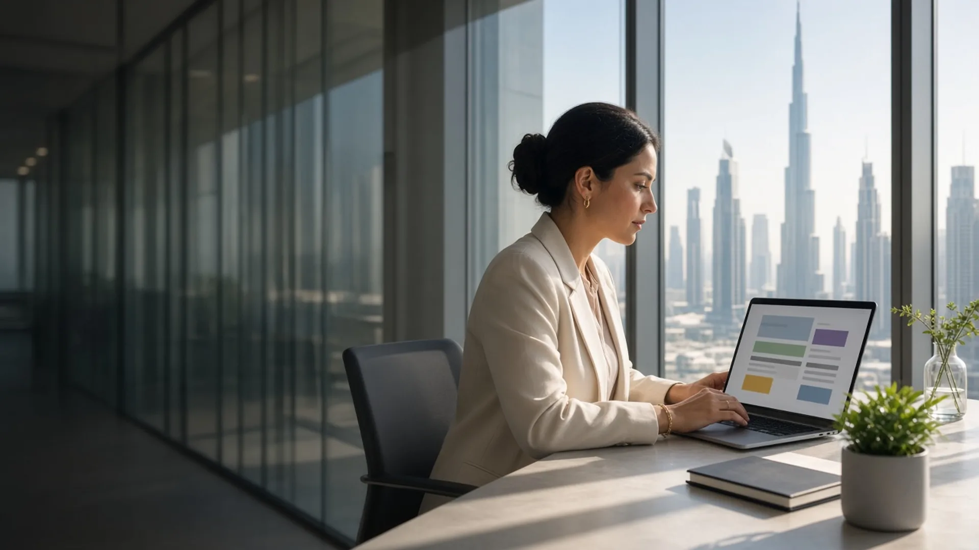 Accountant reviewing an abstract invoice layout in a bright Dubai office