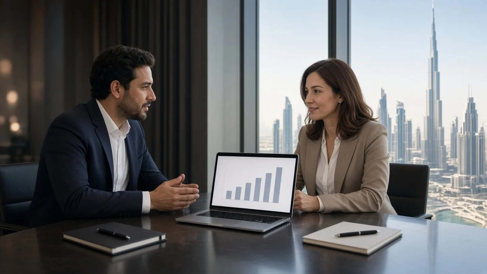 Two finance professionals discussing a laptop chart in a sunny office