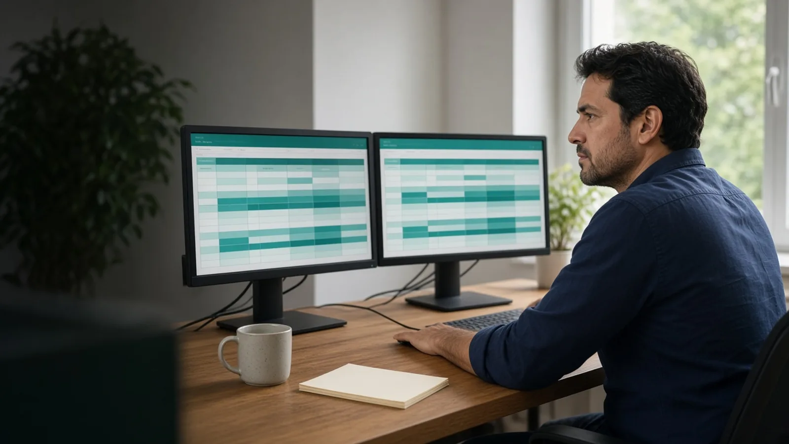 Finance specialist reviewing abstract invoice rows on two bright monitors