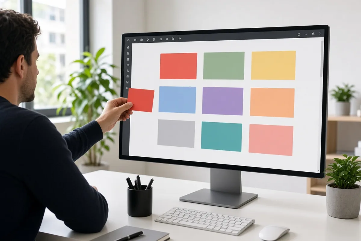 Designer arranging abstract invoice cards on a monitor in daylight