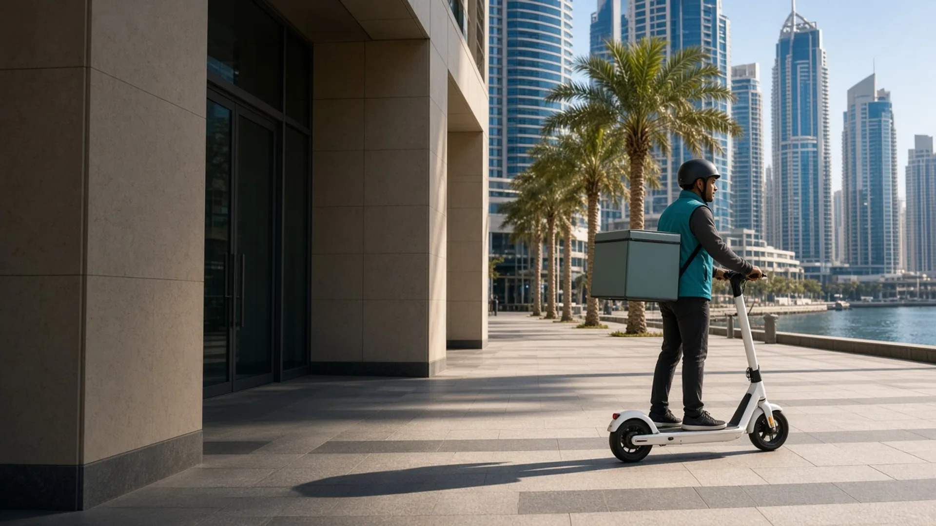 Courier on an electric scooter along a bright Dubai waterfront street