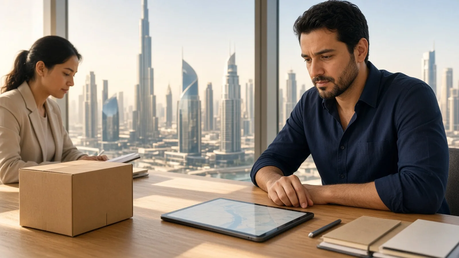 Planners reviewing a delivery map beside a Dubai skyline window