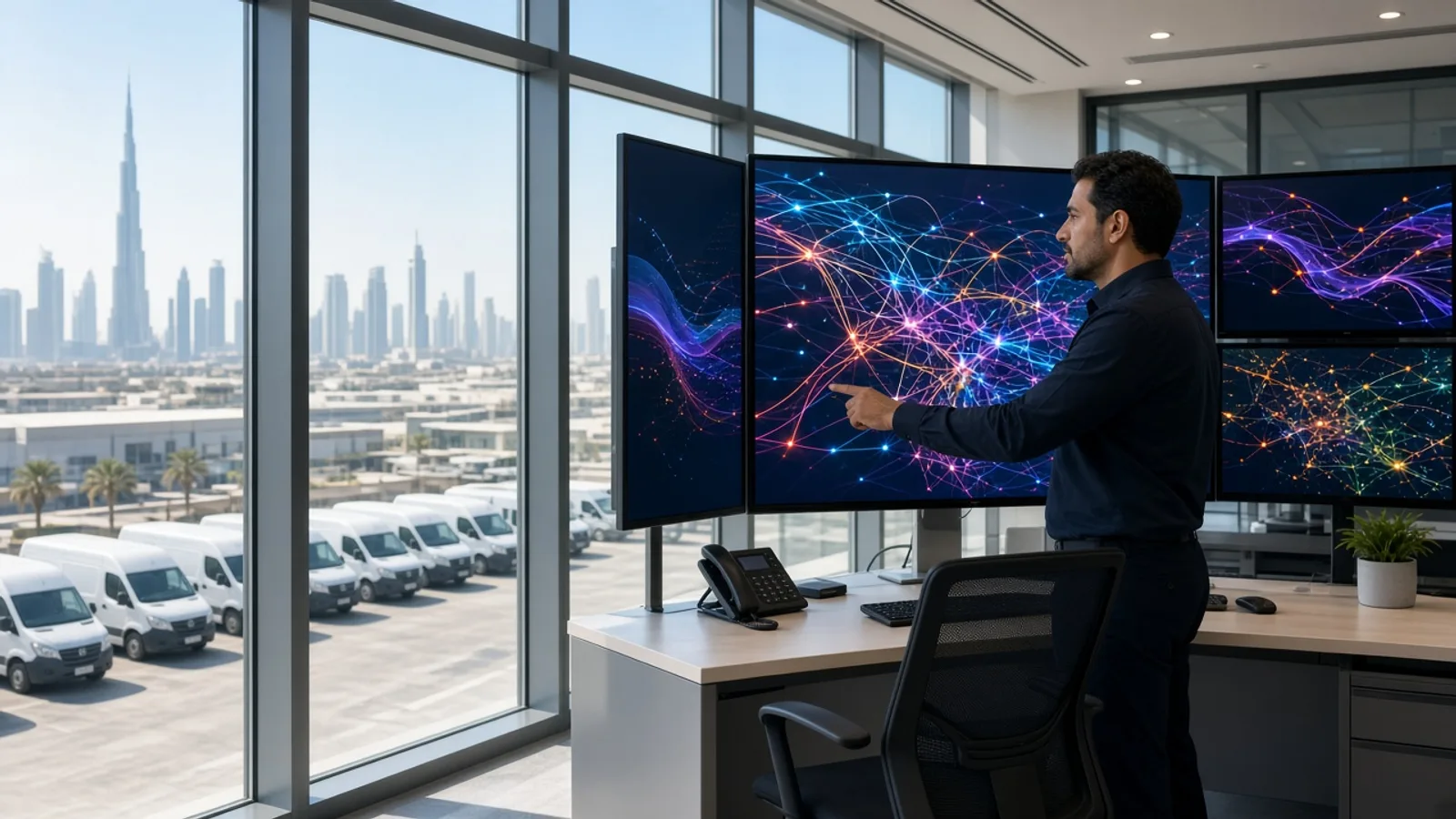 Dispatcher reviewing route maps in a bright Dubai logistics office