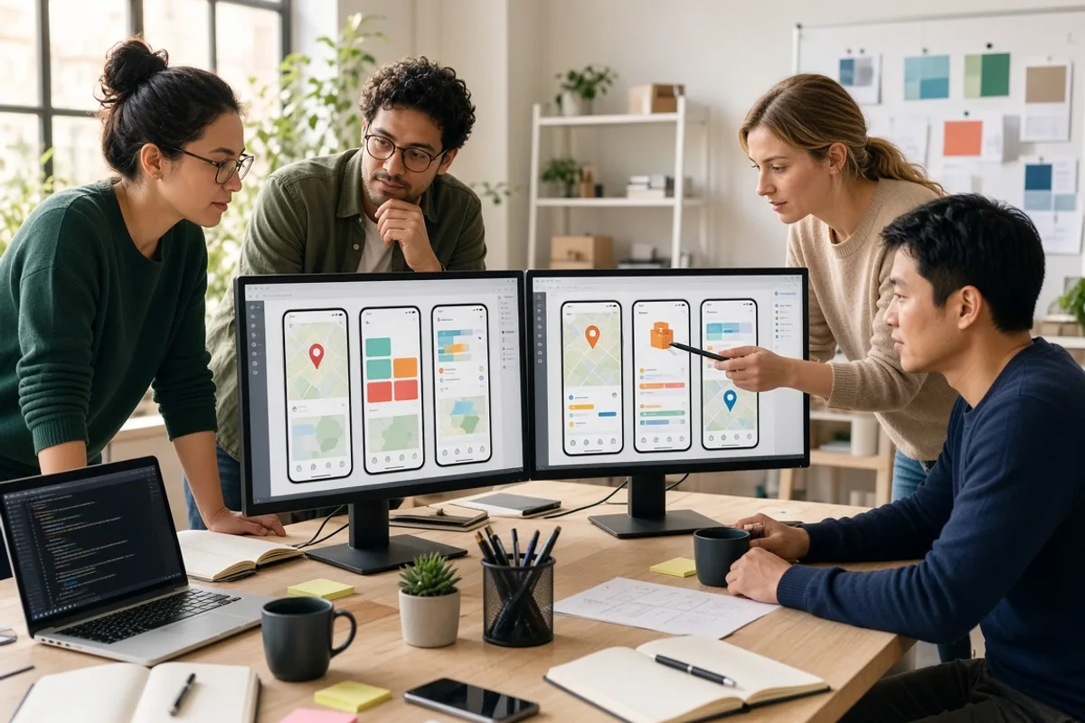 Engineers designing a delivery application on large monitors in a bright studio