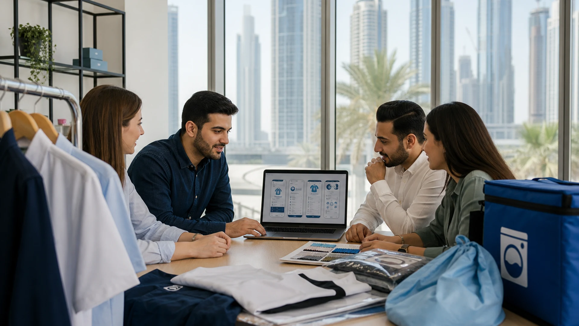 Laundry app product concept with bright interface and Dubai skyline