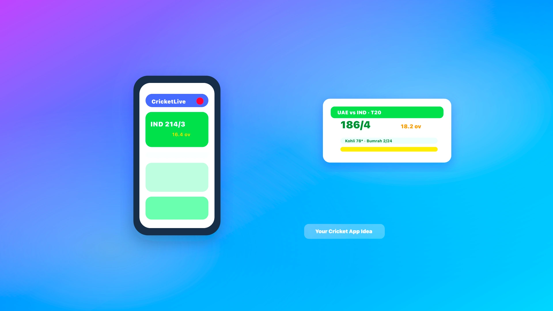Live cricket score app concept with match dashboard and fan engagement background