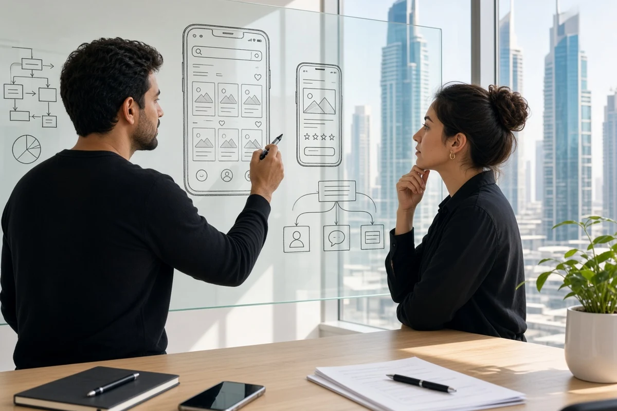 Founder sketching a marketplace app with a designer in a sunny Dubai office