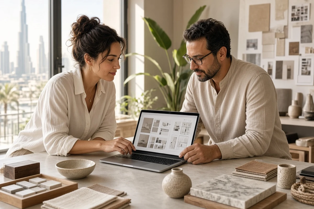 Buyer and vendor reviewing a marketplace plan in a sunlit Dubai studio