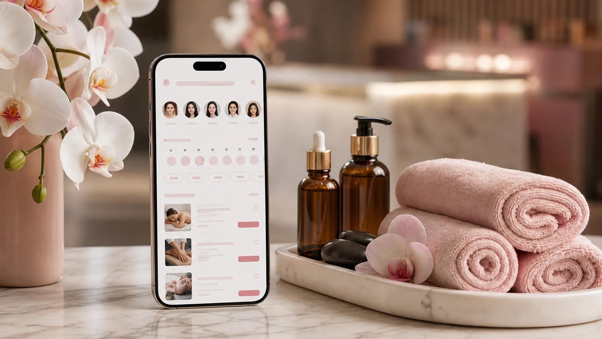 Massage booking app concept with wellness interface therapist scheduling and spa operations background