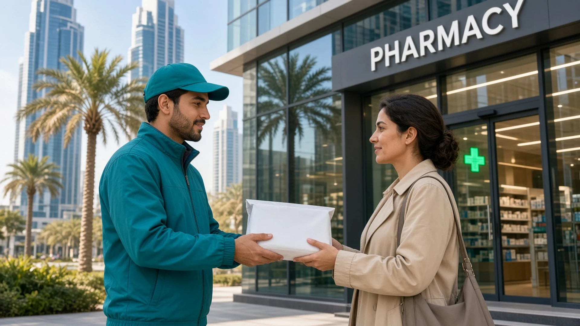 Pharmacy courier handing a sealed medicine bag to a customer outside a sunny Dubai pharmacy