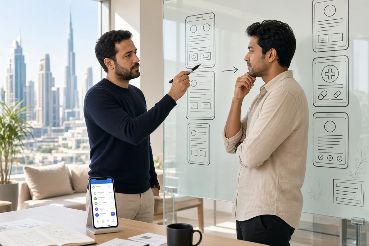 Founder and designer sketching a pharmacy app in a sunny Dubai studio