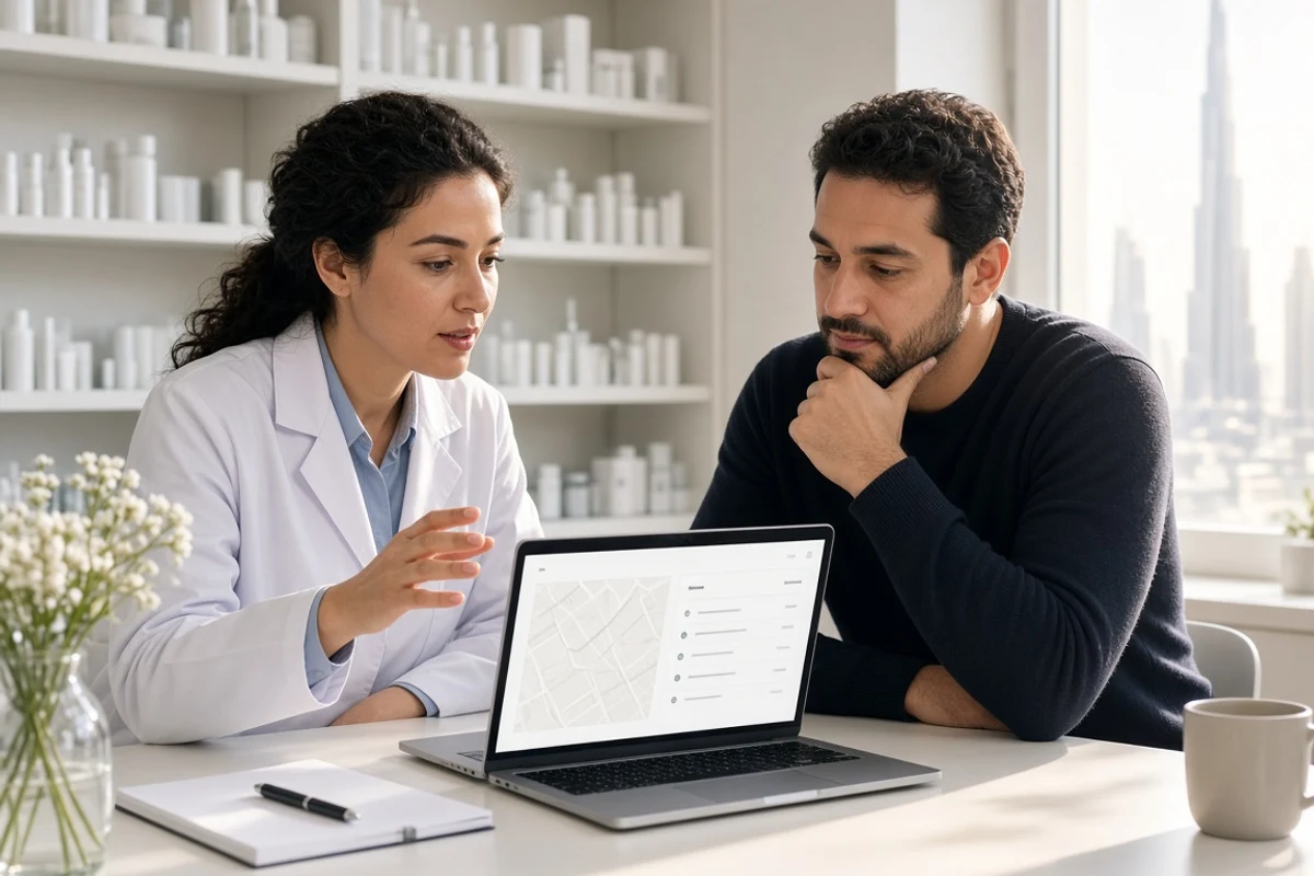 Pharmacist and designer planning a delivery app in a sunlit pharmacy office