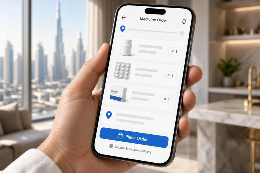 Customer reviewing a medicine order on a phone in daylight