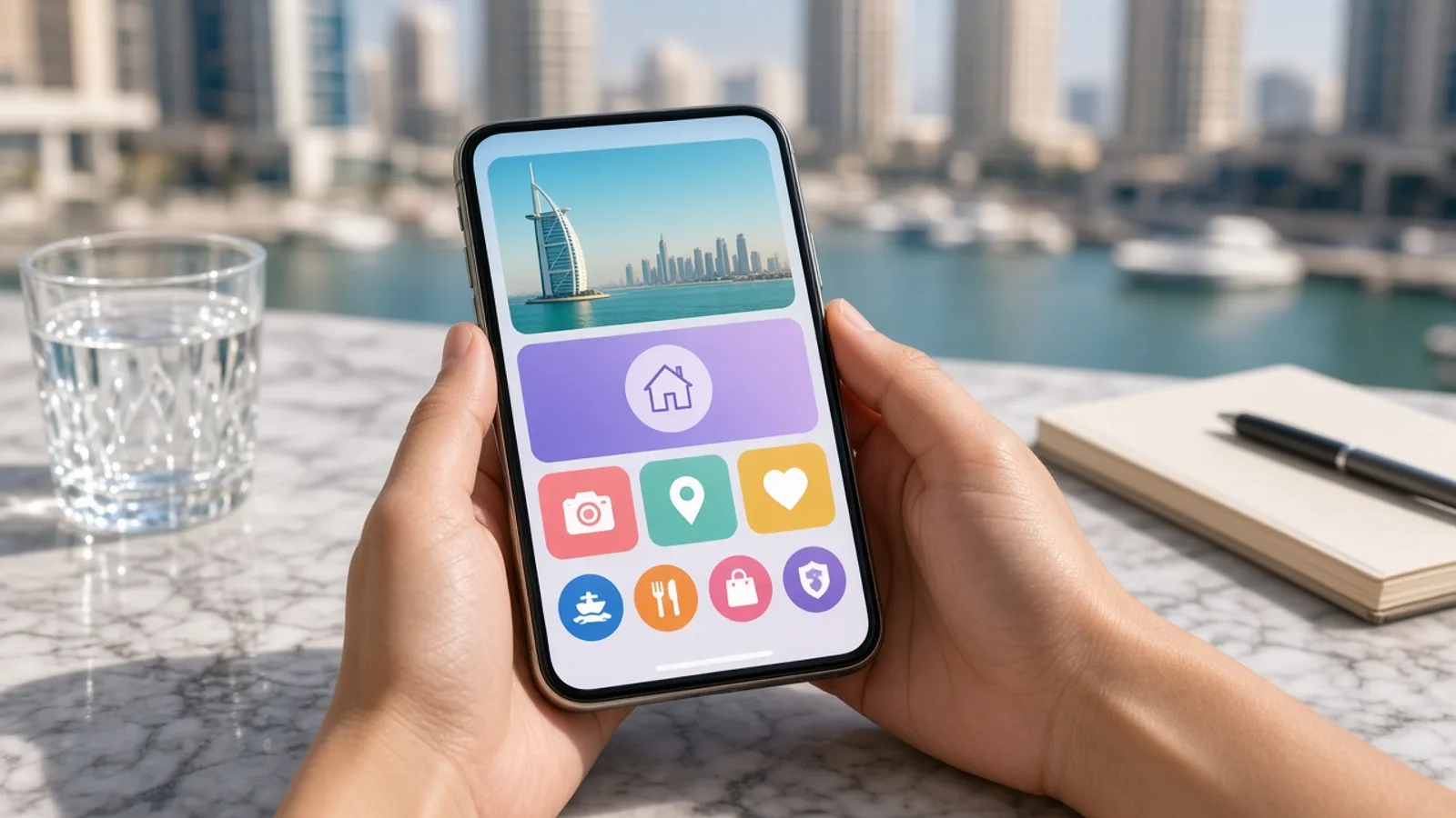Hands holding a smartphone showing a bright MVP app in Dubai Marina