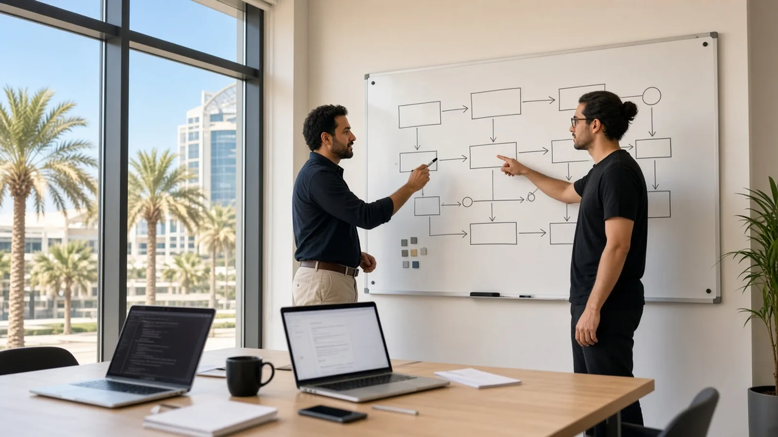 Founder and engineer planning an MVP on a whiteboard in a bright Dubai studio