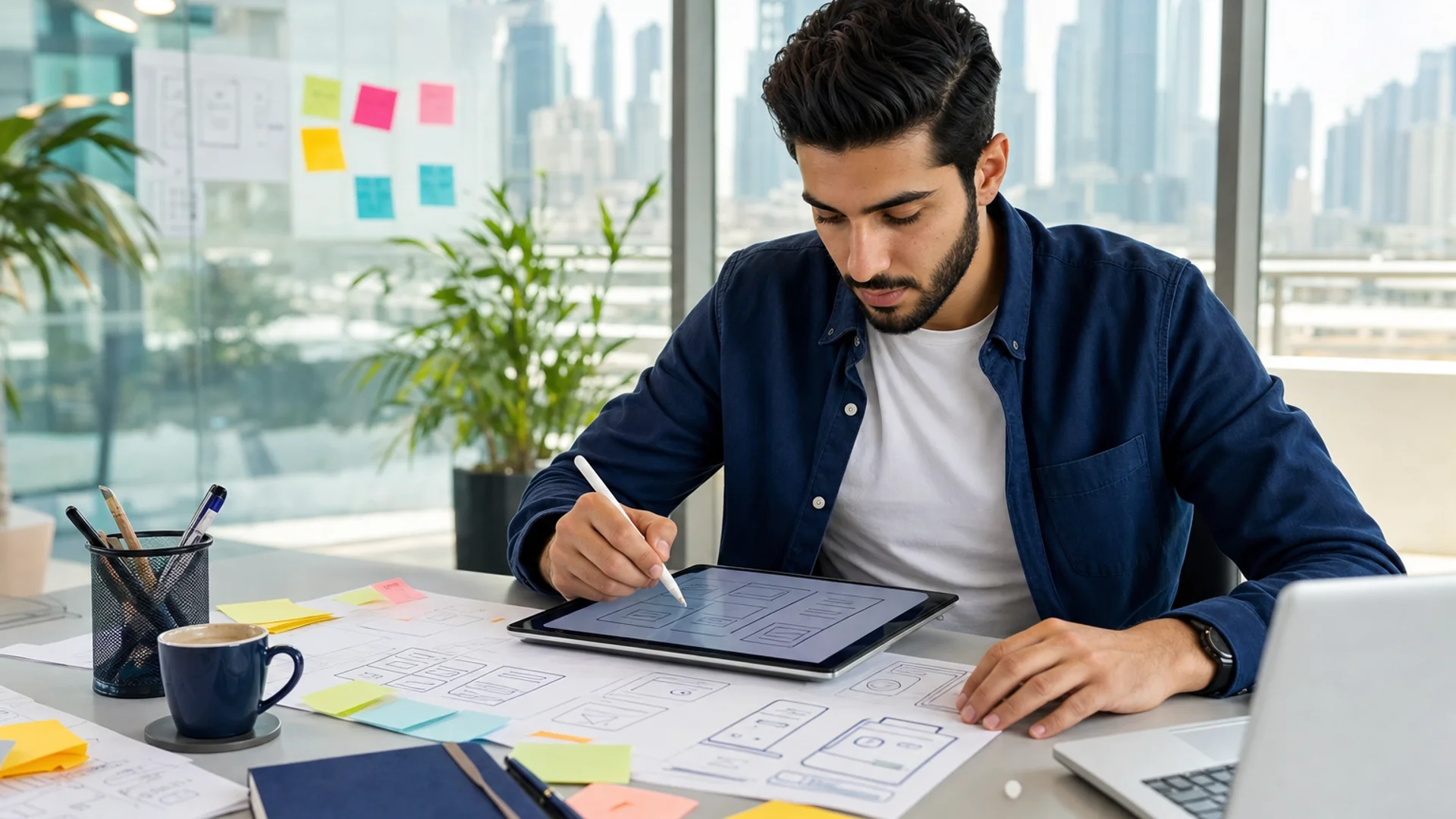 On demand app product concept with marketplace interface and Dubai skyline