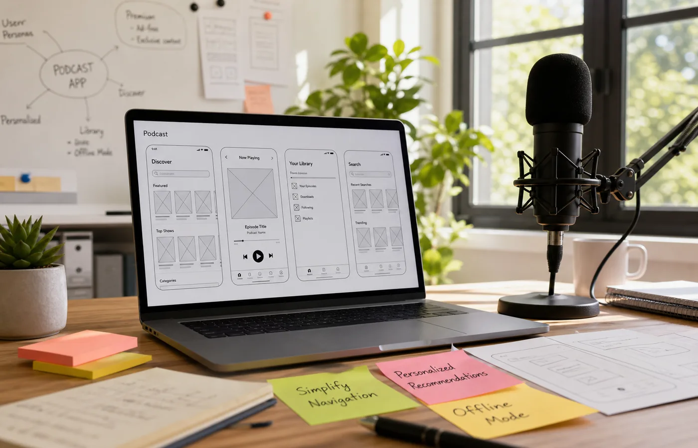 Podcast app concept with audio waveform interface and city background