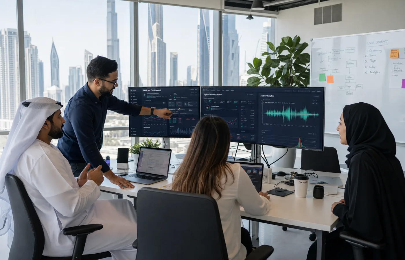 Dubai Business Bay tech team collaborating on a podcast app with city skyline at golden hour