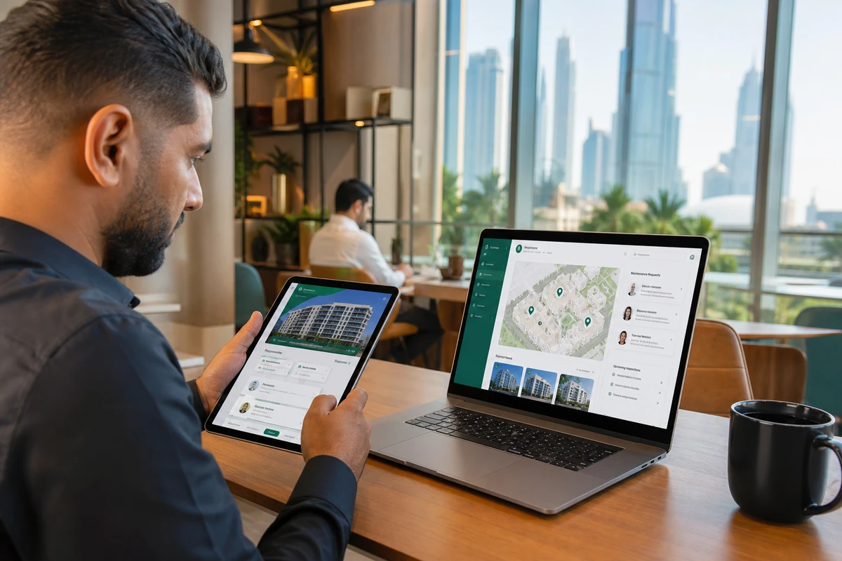 Property management software product concept with dashboard interface and Dubai skyline