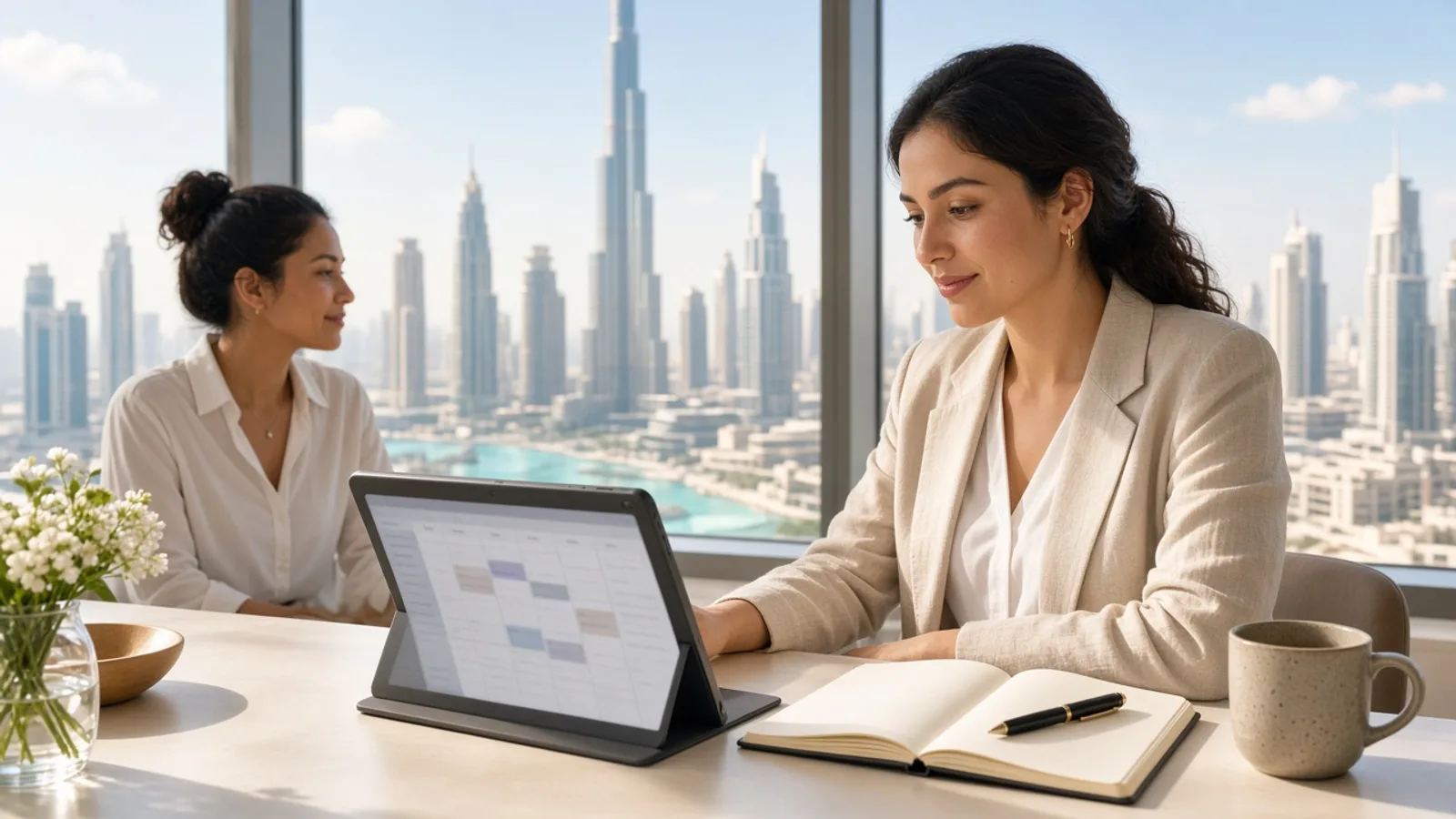 Planners reviewing a booking calendar beside a Dubai skyline window