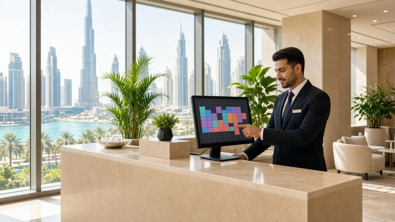 Hotel staff reviewing booking screens in a bright Dubai lobby
