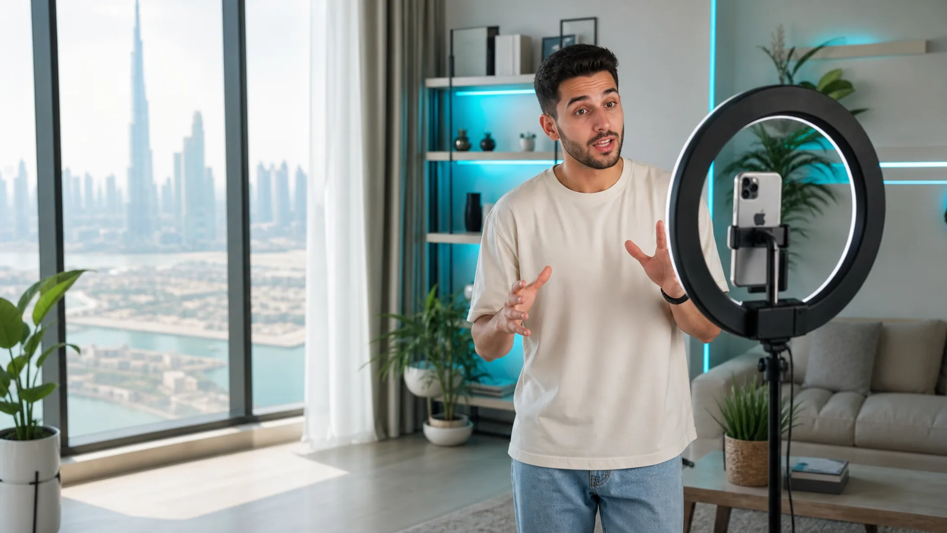 Bright Dubai creator studio filming vertical short video on smartphone with cyan LED accents