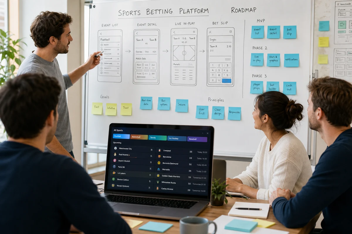 Sports betting platform idea with sportsbook dashboard and Dubai skyline backdrop