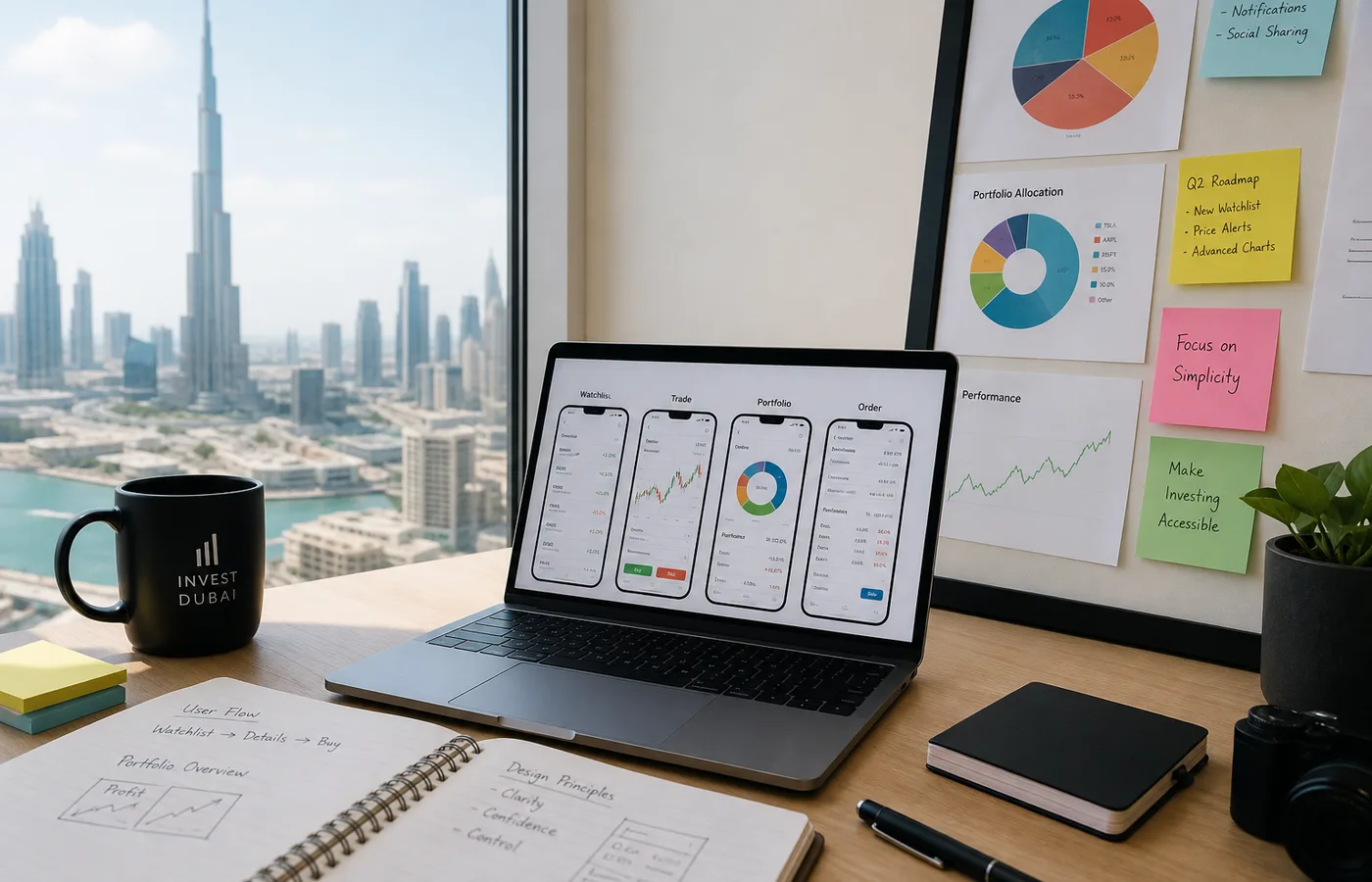 Stock trading app concept with an investment portfolio dashboard interface and Dubai skyline background