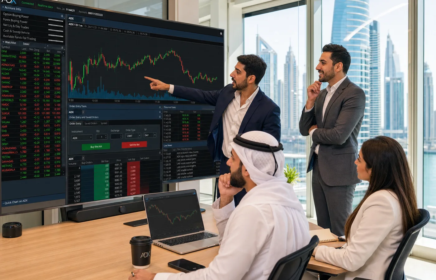 Dubai Business Bay skyline with a fintech team building a stock trading platform at golden hour
