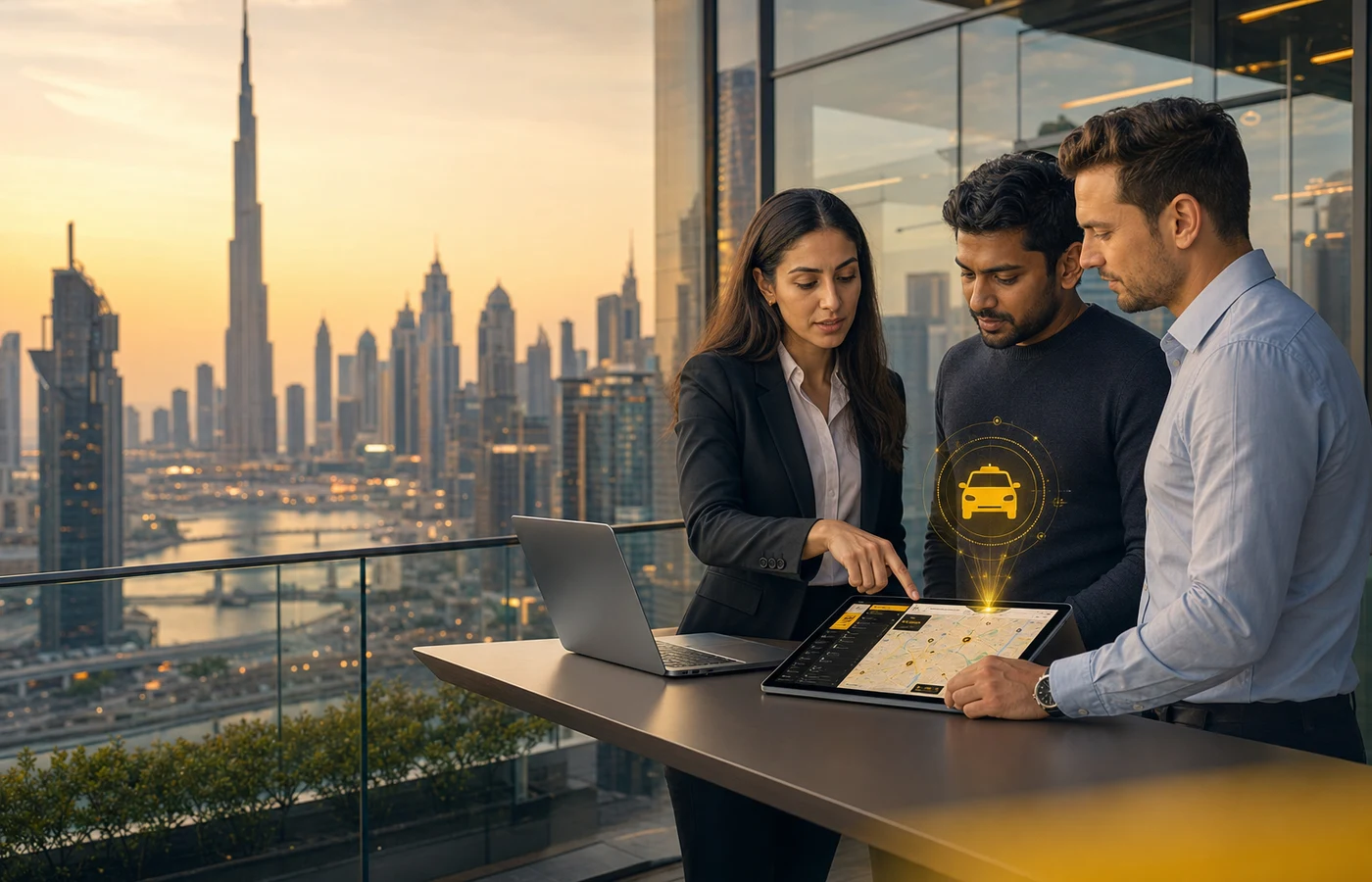 Dubai Business Bay tech team collaborating on a taxi booking app with city skyline at golden hour