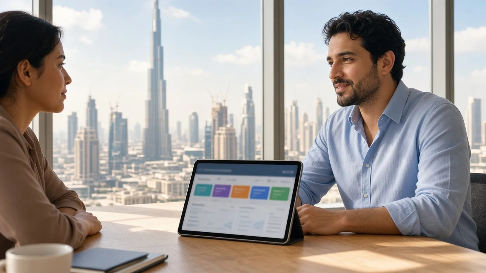 Planners reviewing a subscriber dashboard beside a Dubai skyline window