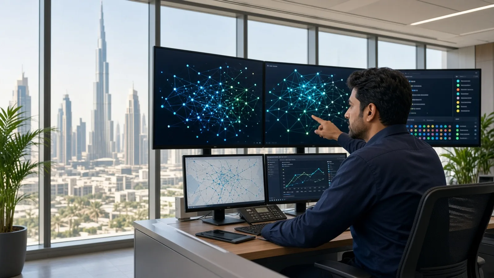 Engineer reviewing network status screens in a bright Dubai operations room