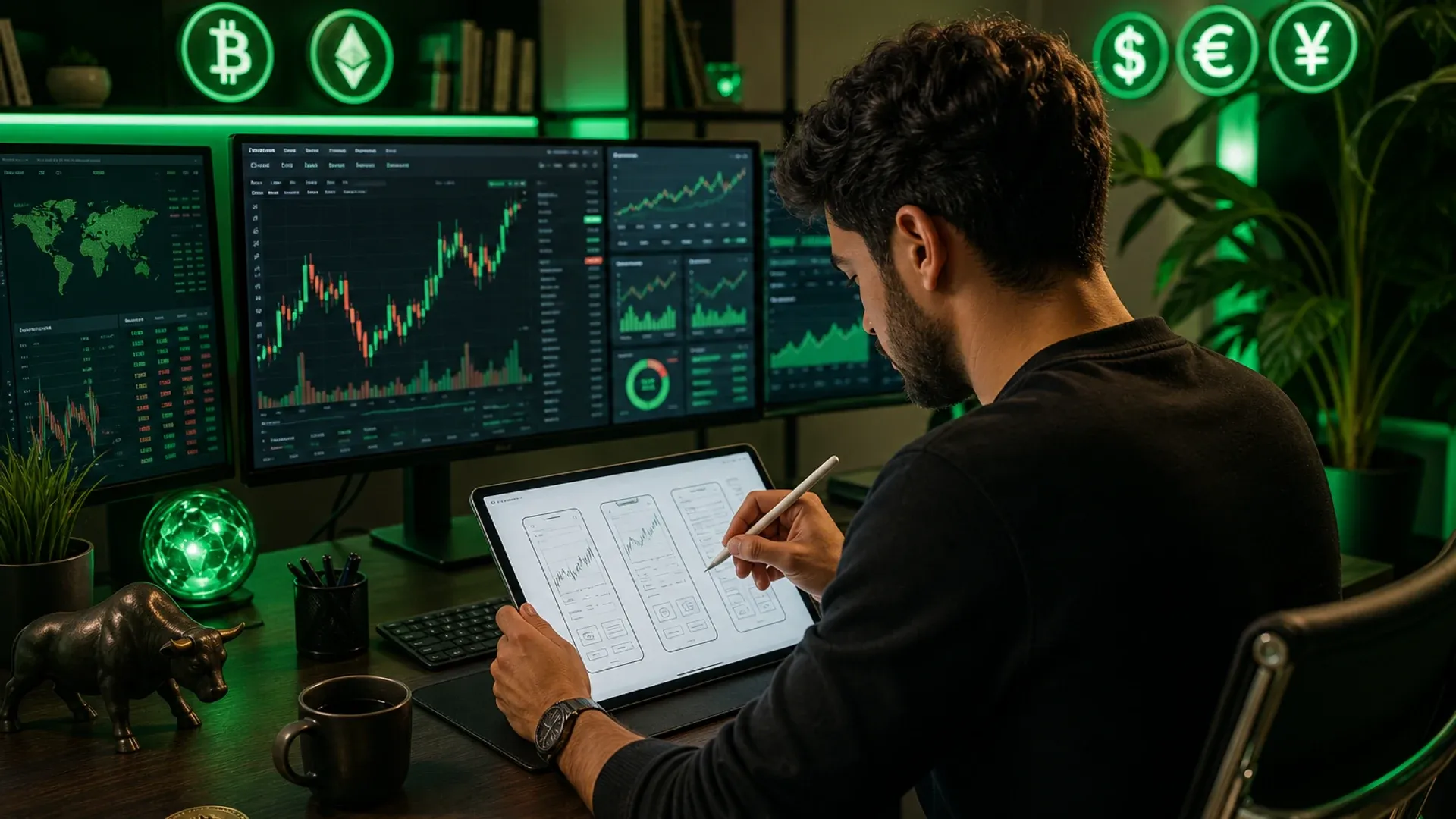 Trading software concept with fintech dashboard and investment analytics background