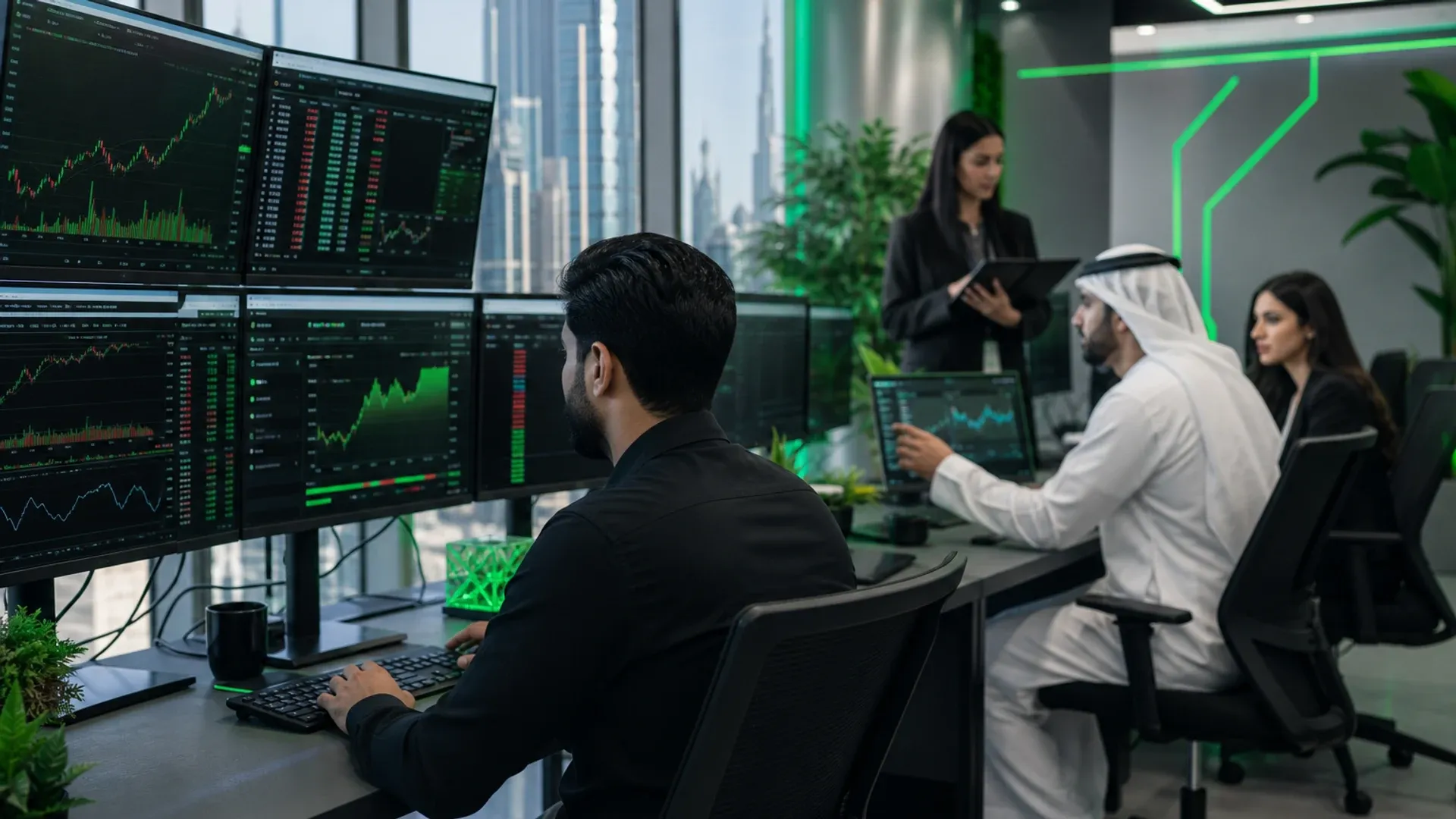 Dubai fintech team collaborating on trading platform with market data dashboards