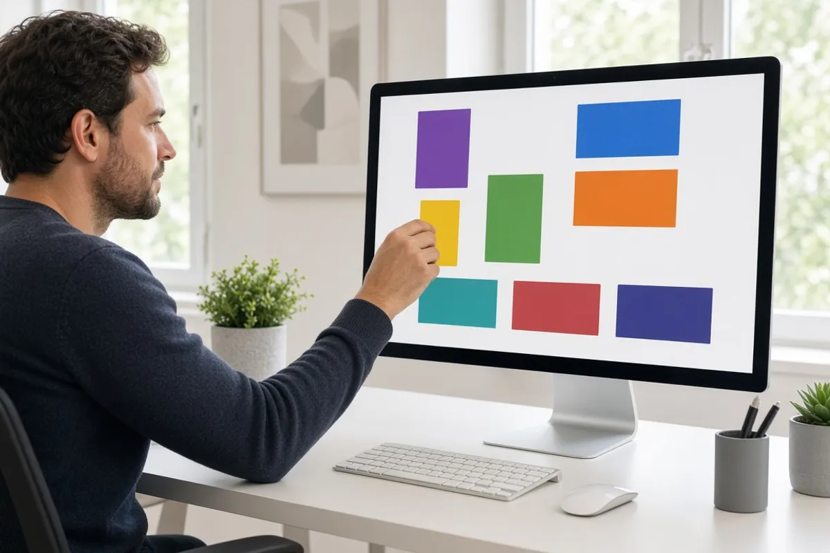 Designer arranging abstract shipment cards on a monitor in daylight
