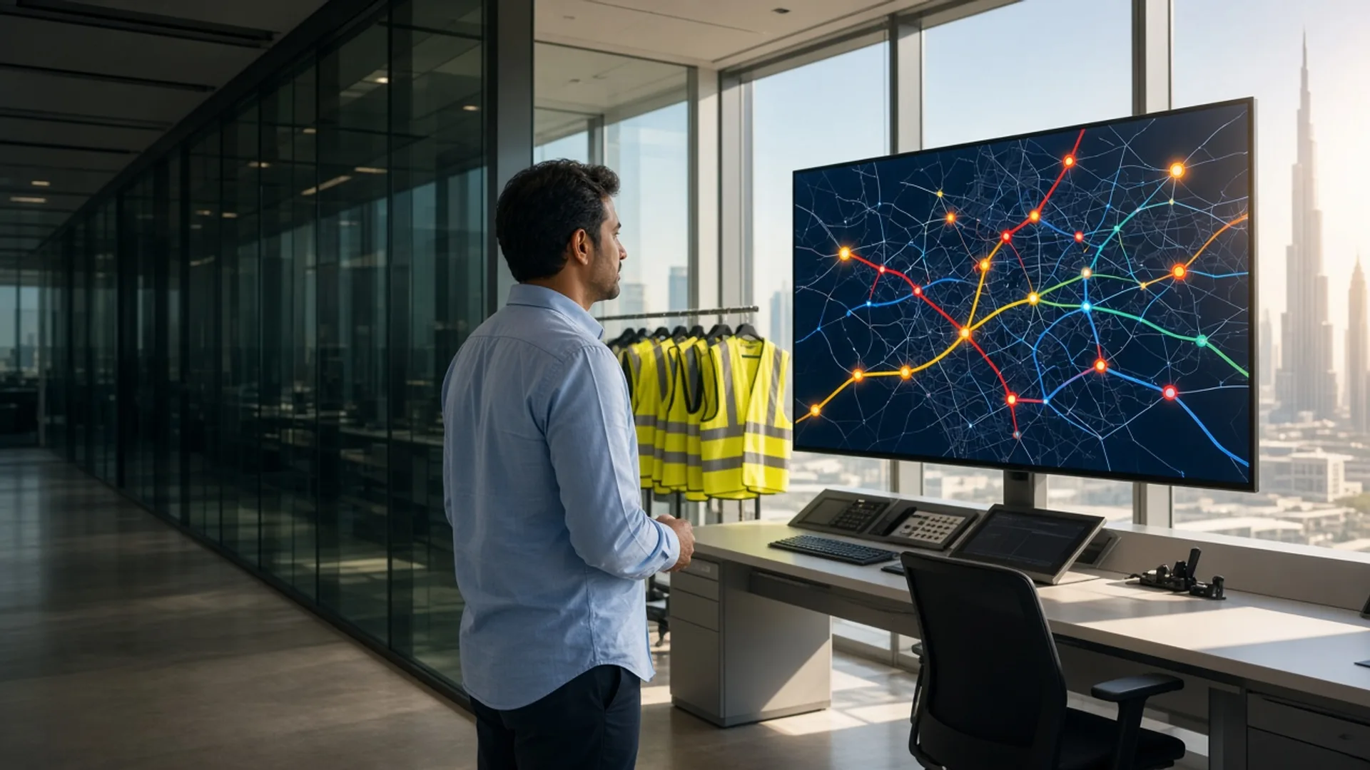 Dispatcher reviewing an abstract route map in a bright Dubai logistics room
